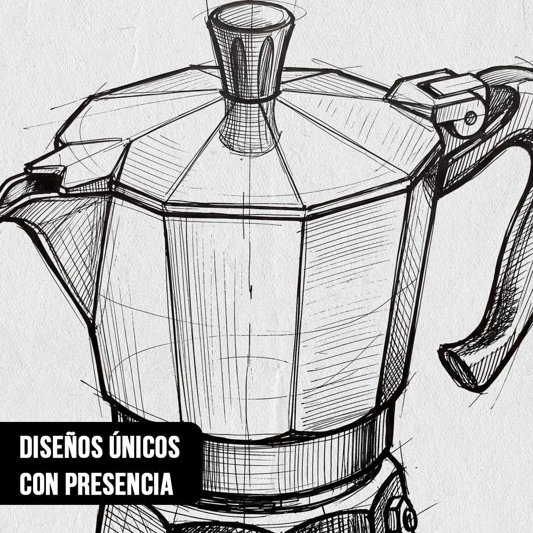 Primer plano de boceto a lápiz y tinta negra de cafetera italiana moka sobre fondo blanco texturizado
