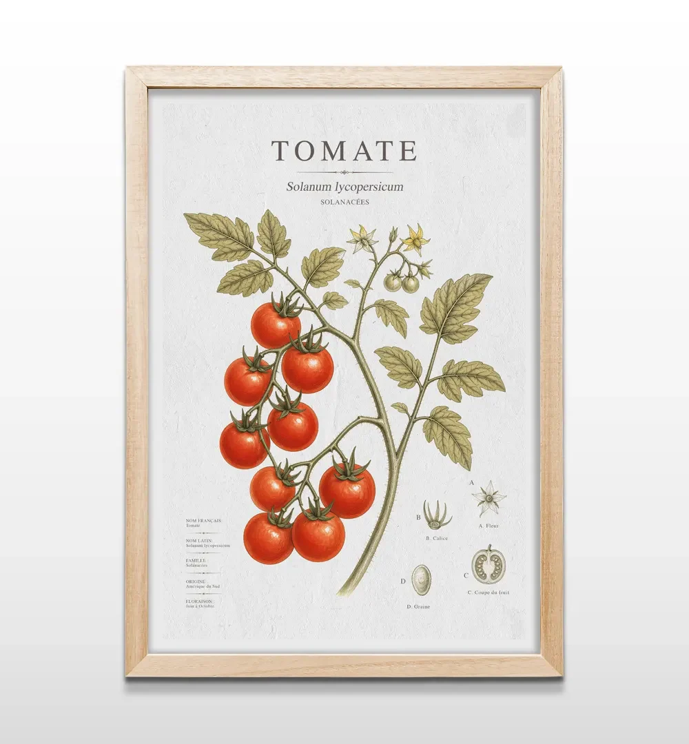 Cuadro vertical en marco de madera clara con ilustración científica botánica de tomates rojos