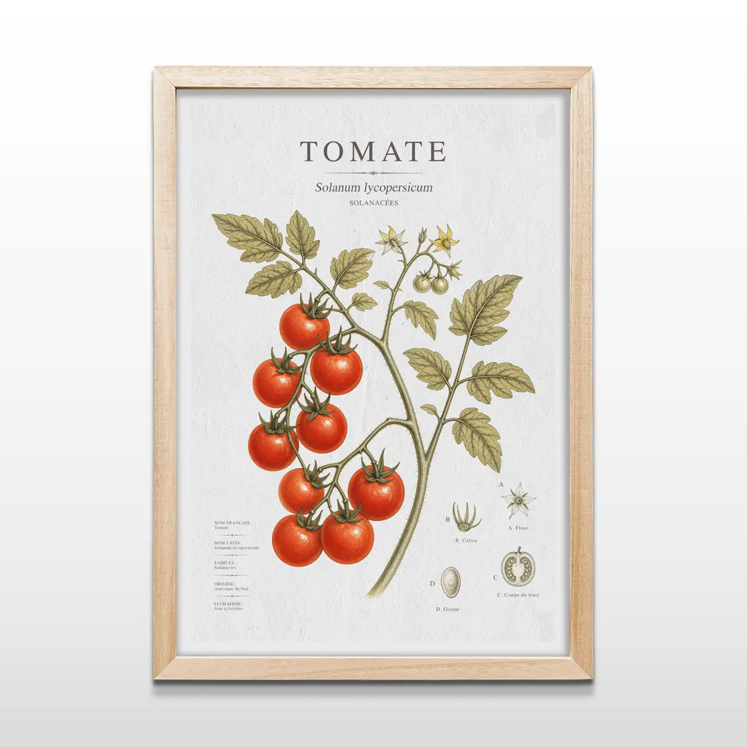 Cuadro vertical en marco de madera clara con ilustración científica botánica de tomates rojos