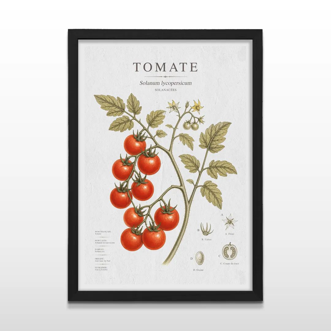 Cuadro vertical en marco negro con lámina botánica de planta de tomate y diagramas científicos