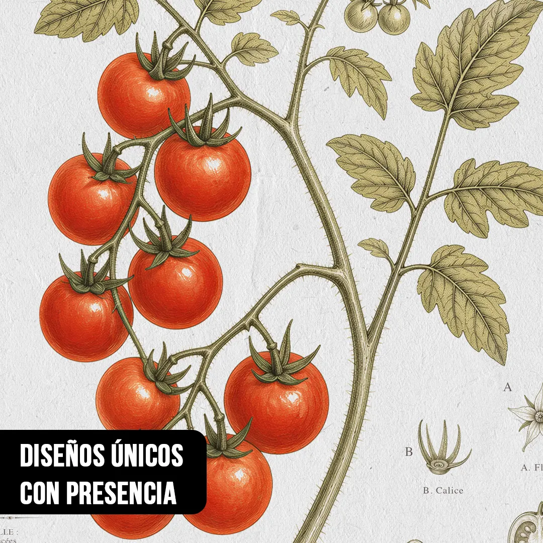 Primer plano de ilustración botánica vintage con racimo de tomates rojos y hojas detalladas