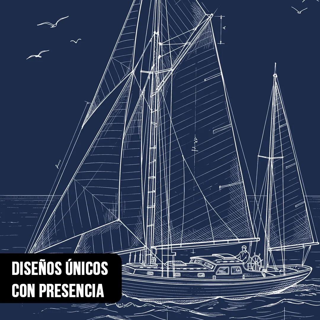Primer plano de ilustración técnica de un velero en líneas blancas sobre fondo azul marino