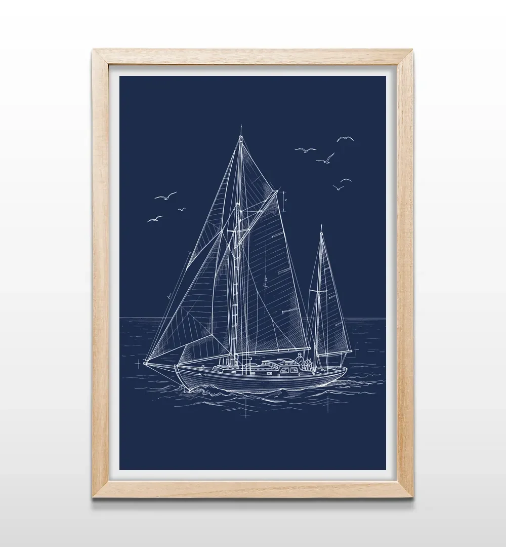 Cuadro vertical en madera clara con lámina náutica de velero en plano técnico blanco y fondo azul