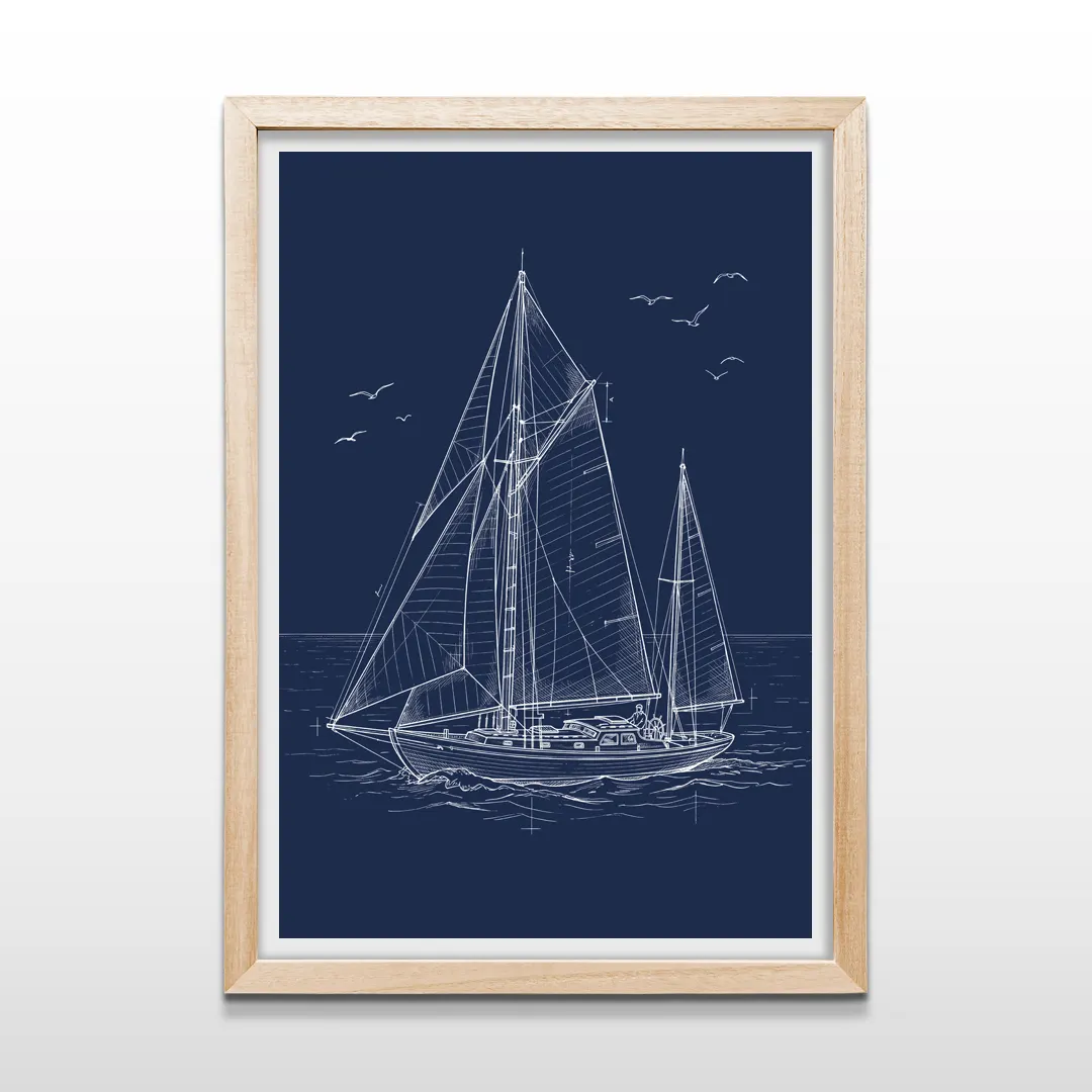 Cuadro vertical en madera clara con lámina náutica de velero en plano técnico blanco y fondo azul