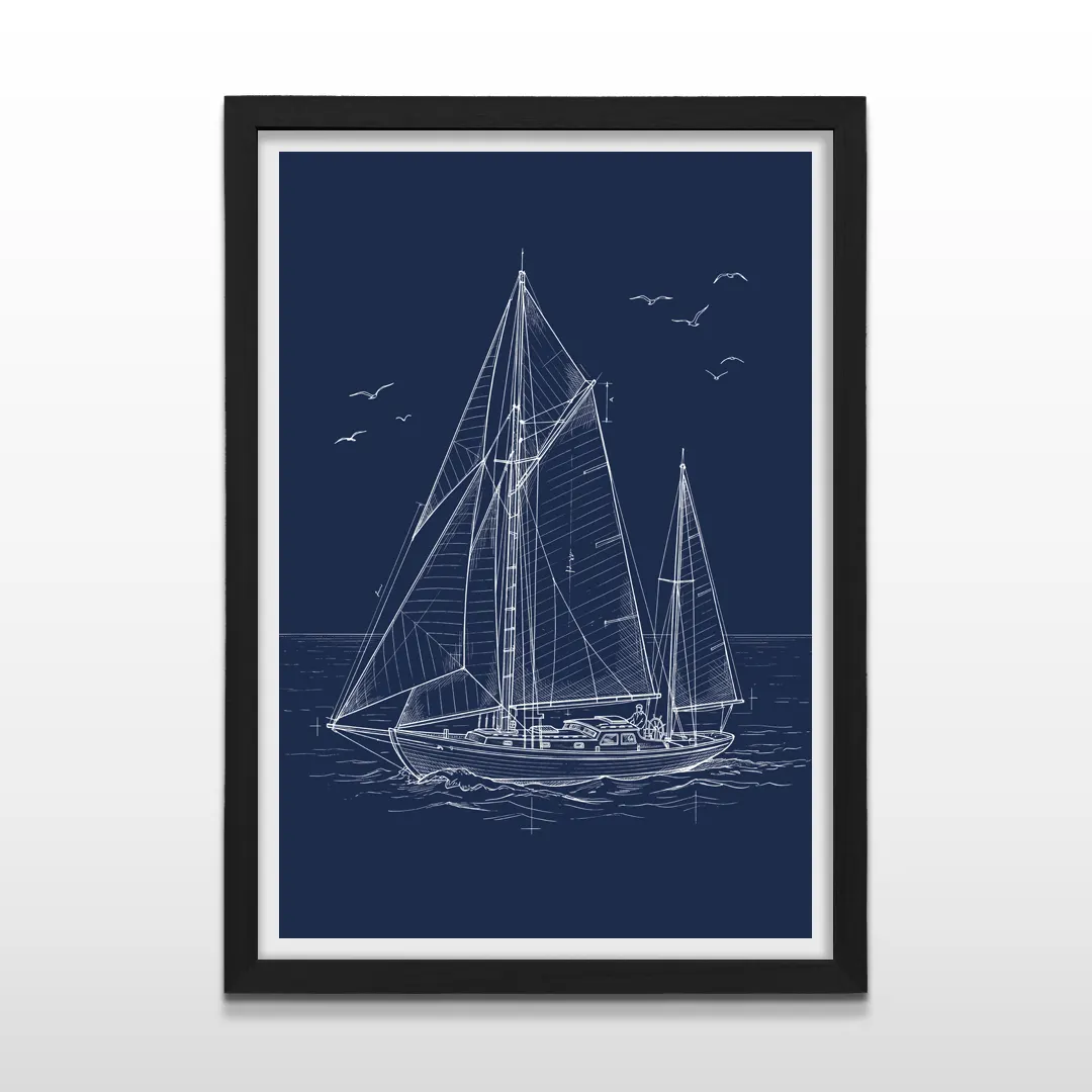 Cuadro vertical en marco negro con dibujo náutico de velero navegando en líneas blancas sobre azul marino