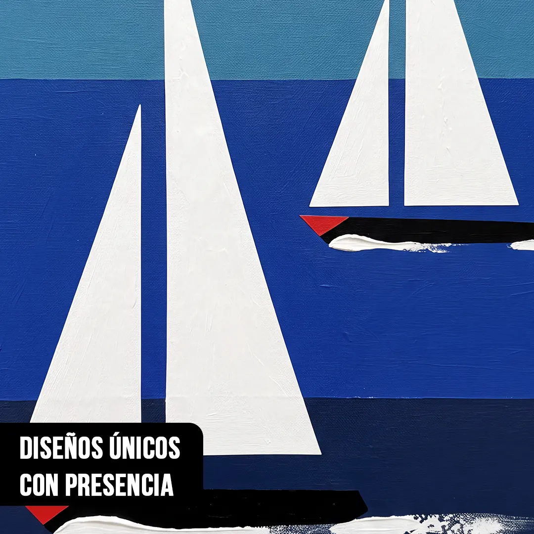 Primer plano de ilustración náutica mostrando velas blancas triangulares y cascos negros con detalles rojos y blancos