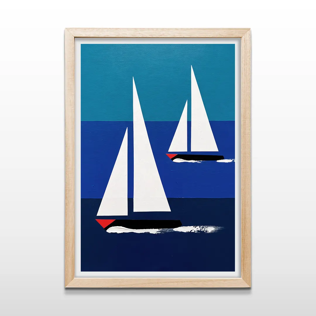 Cuadro vertical en madera clara con ilustración minimalista de dos veleros de velas blancas en mar azul