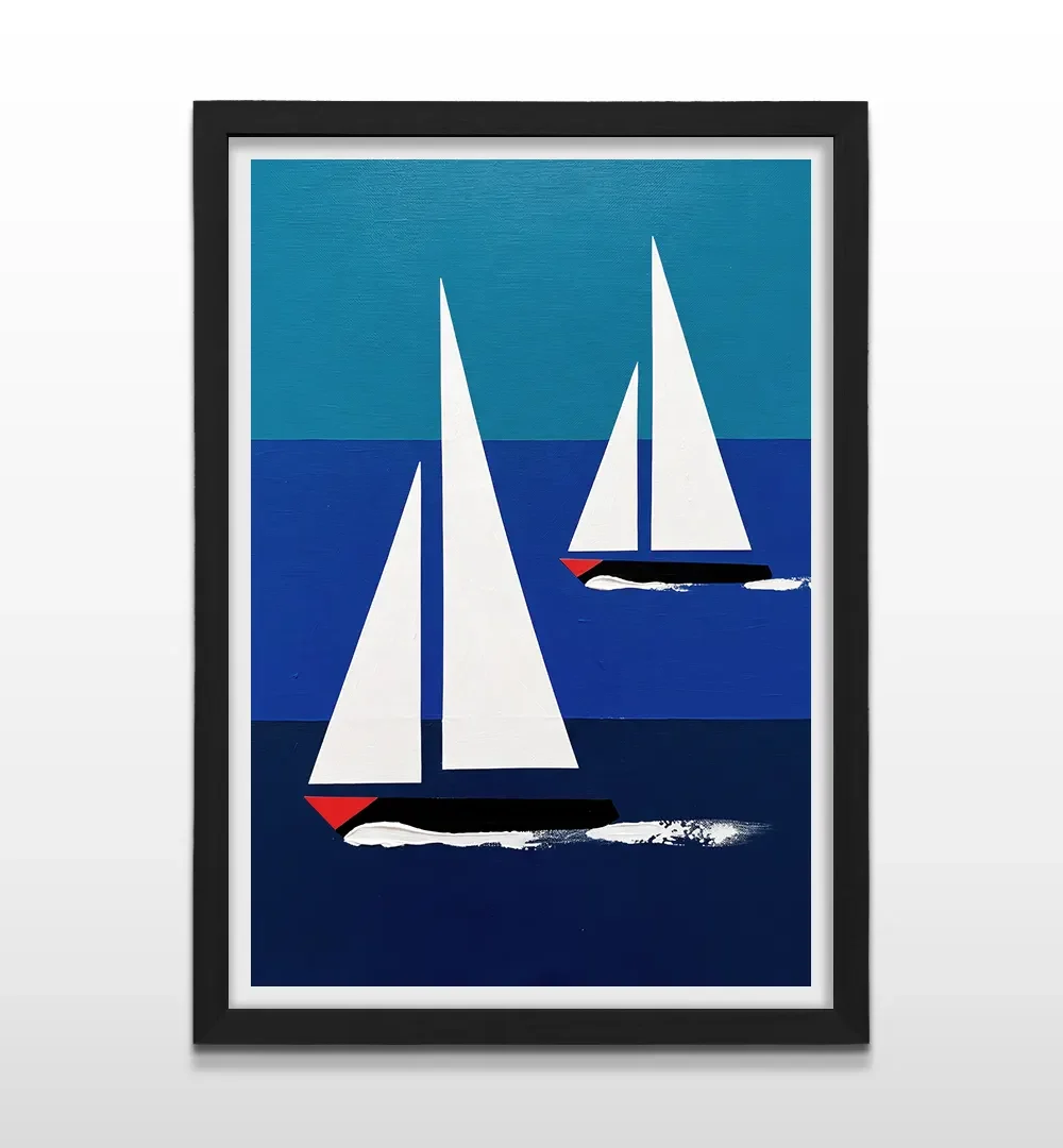 Cuadro vertical enmarcado en negro mate con arte geométrico náutico de veleros sobre franjas de tonos azules