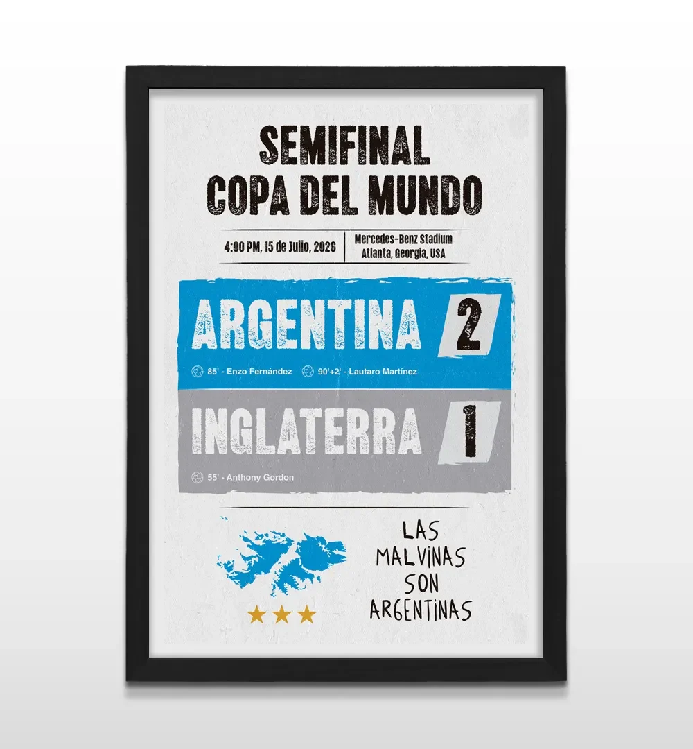 Cuadro vertical en marco negro con lámina de Semifinal Copa del Mundo Argentina vs Inglaterra 2-1 y frase Las Malvinas son Argentinas