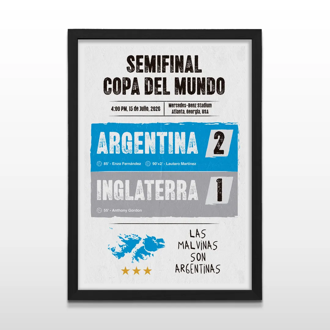 Cuadro vertical en marco negro con lámina de Semifinal Copa del Mundo Argentina vs Inglaterra 2-1 y frase Las Malvinas son Argentinas