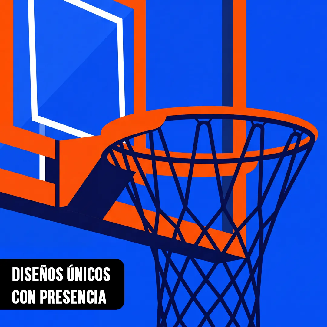Primer plano de ilustración vectorial de un aro de básquetbol naranja con red azul sobre tablero con fondo azul eléctrico