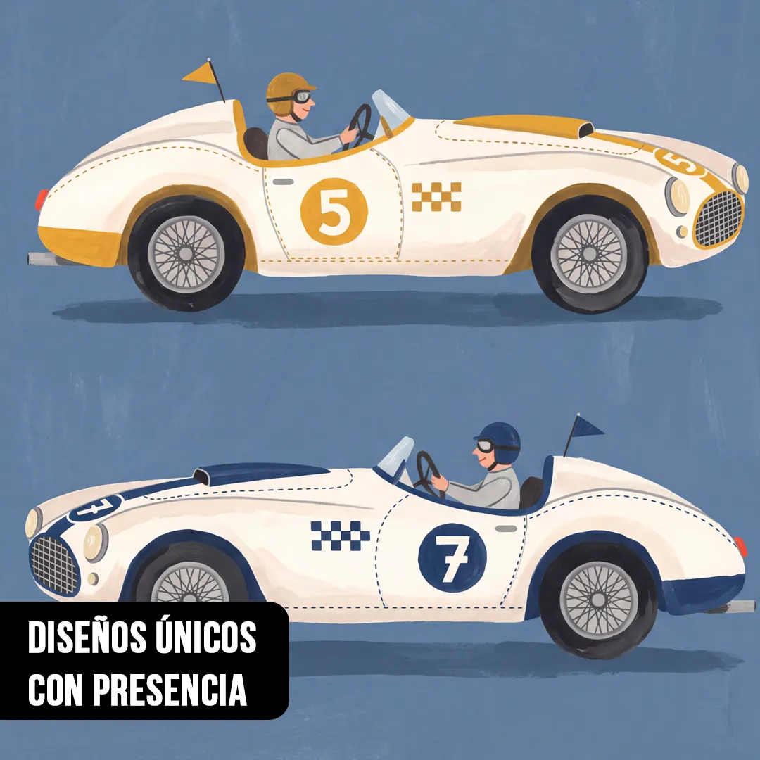 Primer plano de ilustración infantil con autos de carrera descapotables clásicos número 5 amarillo y número 7 azul con sus pilotos