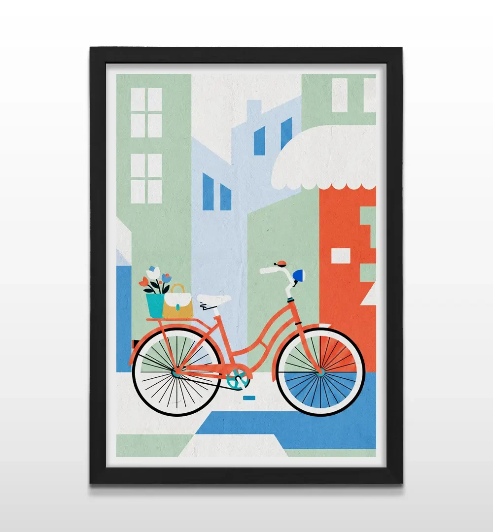 Cuadro vertical en marco negro con diseño artístico de una bicicleta en una calle urbana ilustrada