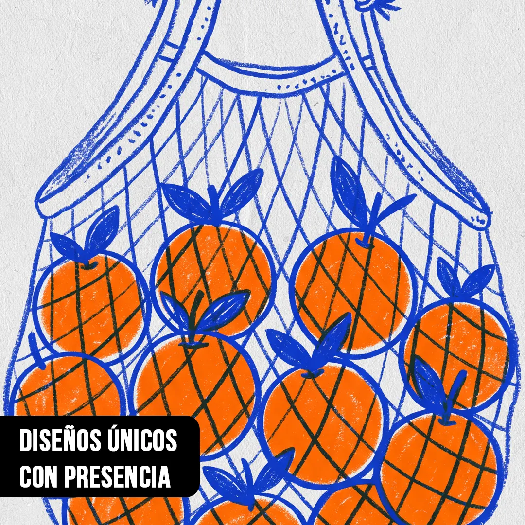 Primer plano de ilustración a lápiz de una bolsa de red azul llena de naranjas sobre fondo blanco