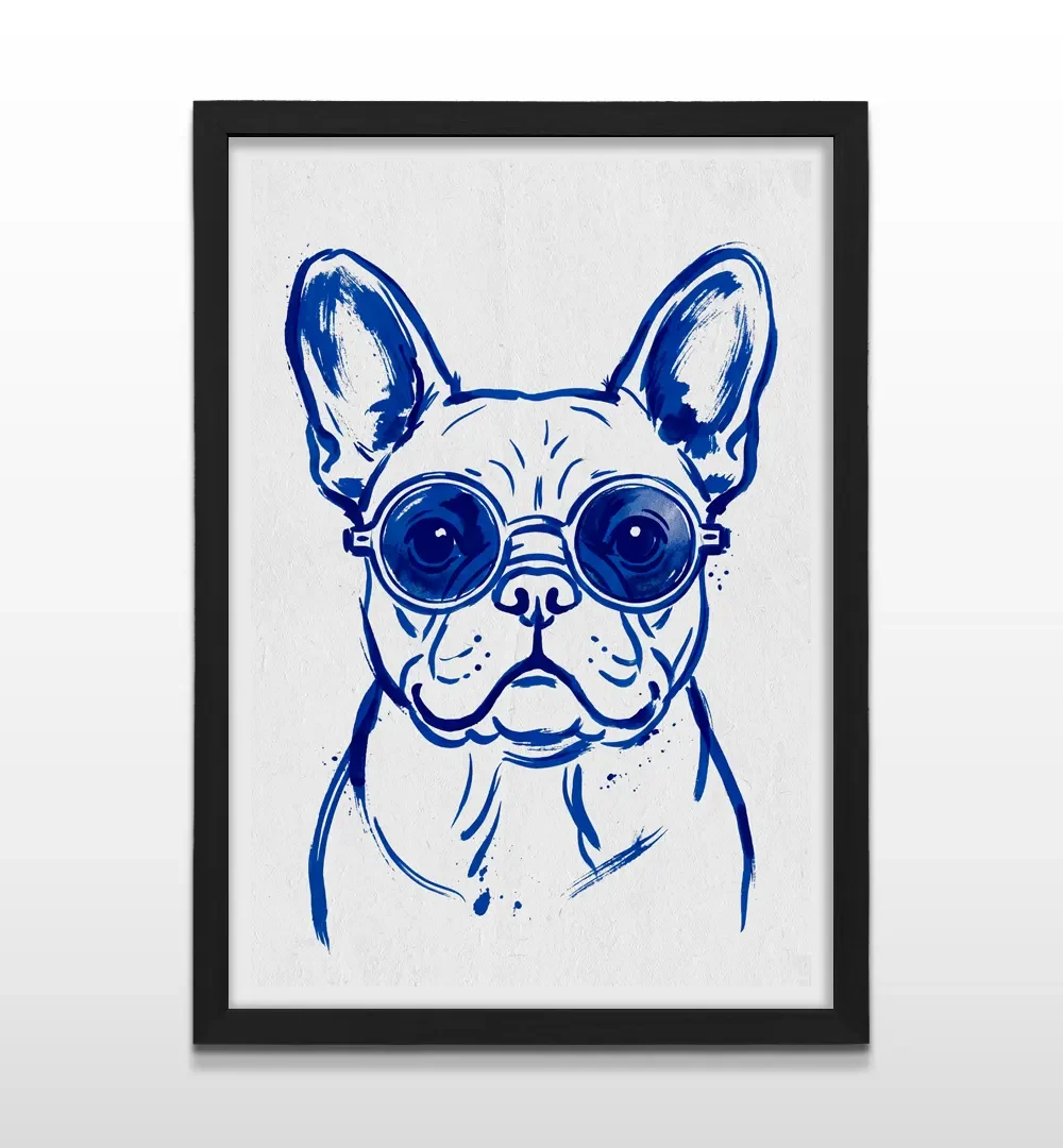 Cuadro vertical en marco negro con ilustración azul de bulldog francés con gafas de sol redondas