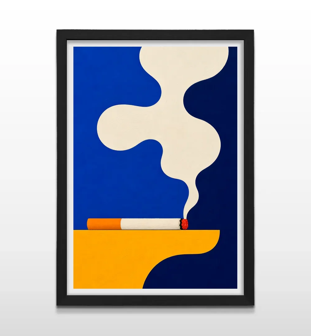 Cuadro vertical en marco negro con ilustración pop art de un cigarrillo encendido y humo beige