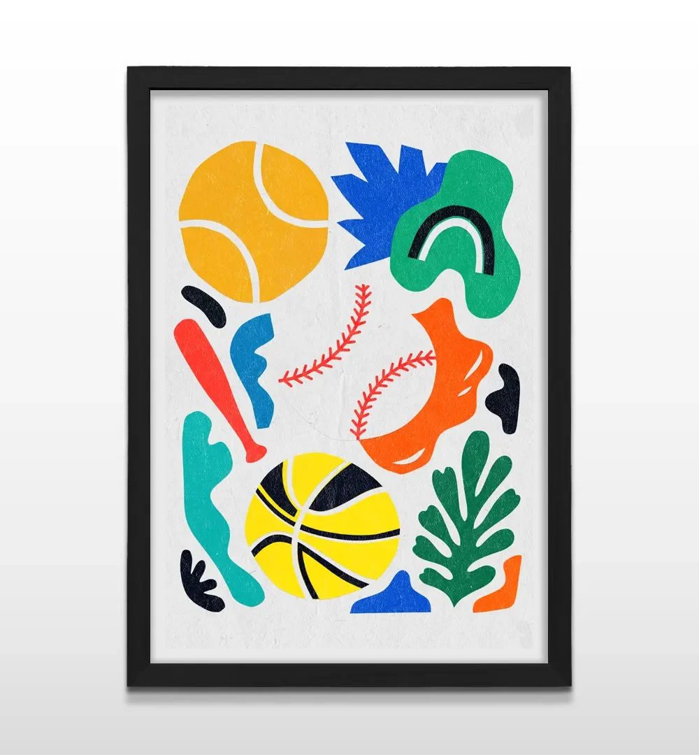 Cuadro vertical en marco negro con lámina abstracta de arte pop inspirada en deportes sobre fondo blanco
