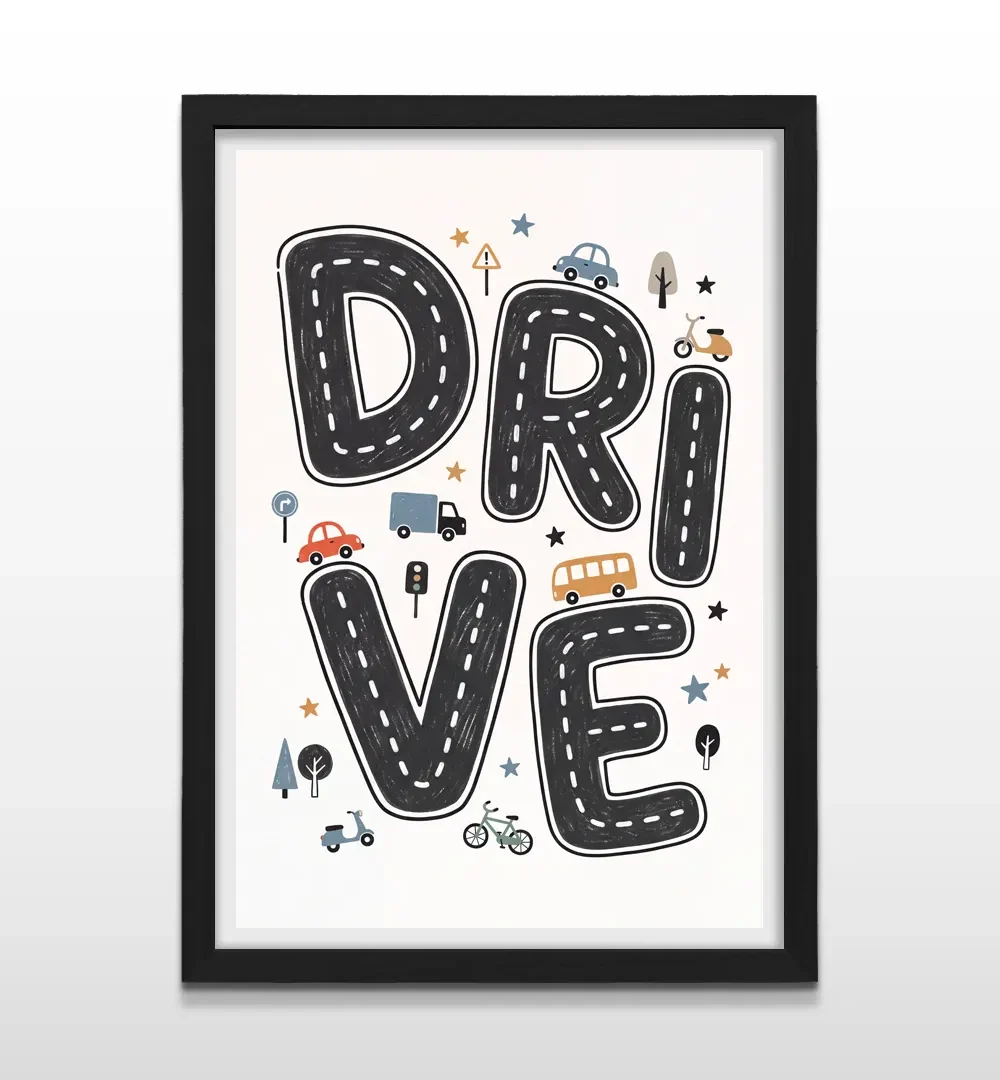 Cuadro vertical en marco negro con diseño infantil educativo de carreteras urbanas con vehículos y la palabra DRIVE