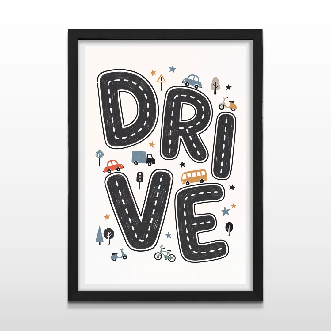 Cuadro vertical en marco negro con diseño infantil educativo de carreteras urbanas con vehículos y la palabra DRIVE