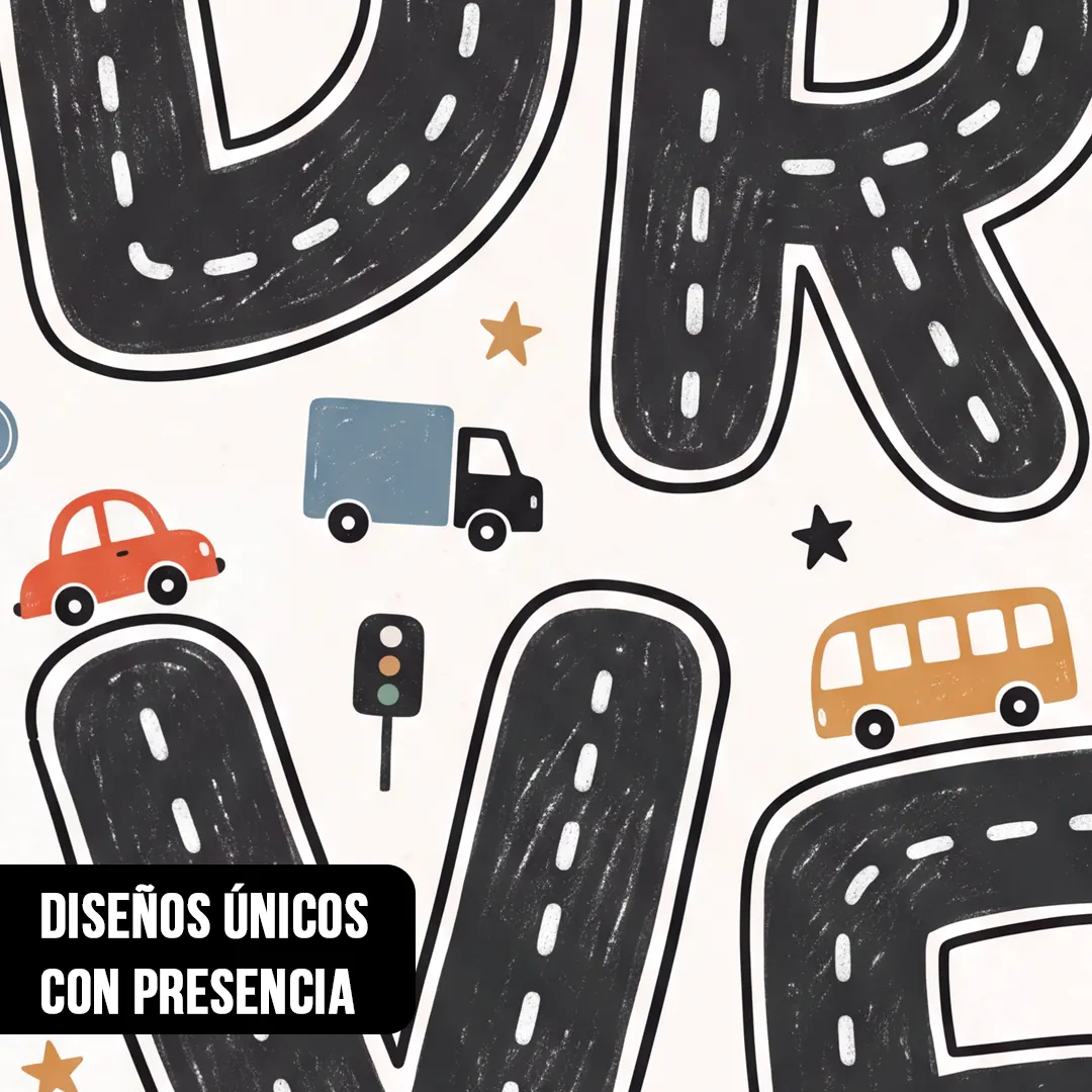 Primer plano de lámina infantil con letras en forma de autopistas de asfalto que forman la palabra DRIVE con autos y señales