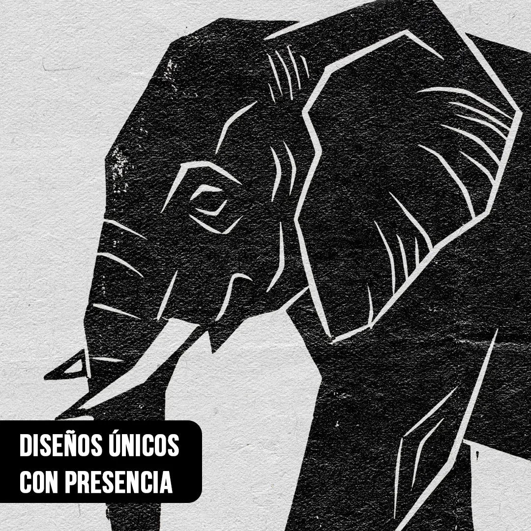 Primer plano de ilustración estilo linograbado en blanco y negro de la cabeza y trompa de un elefante