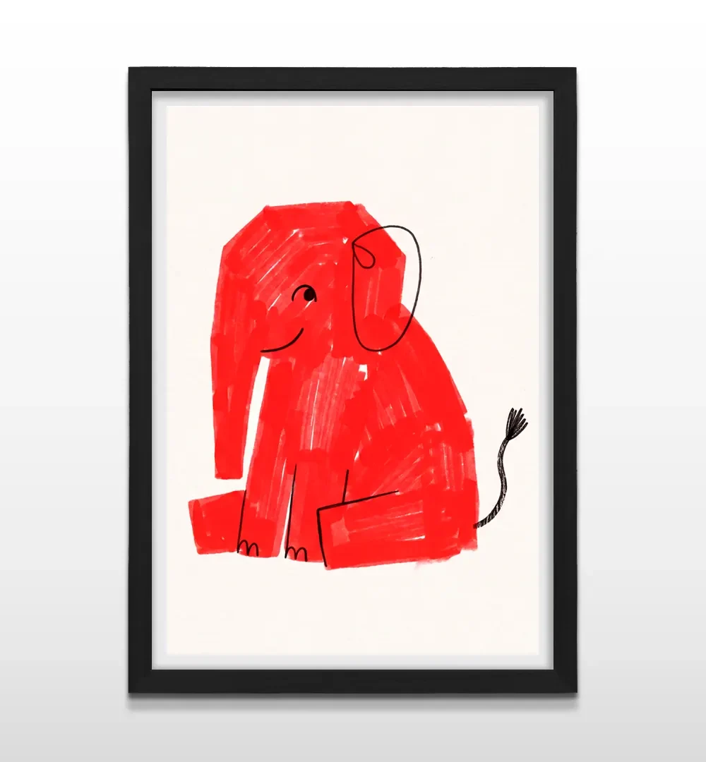Cuadro vertical en marco negro con lámina artística de elefante rojo sentado en estilo infantil minimalista