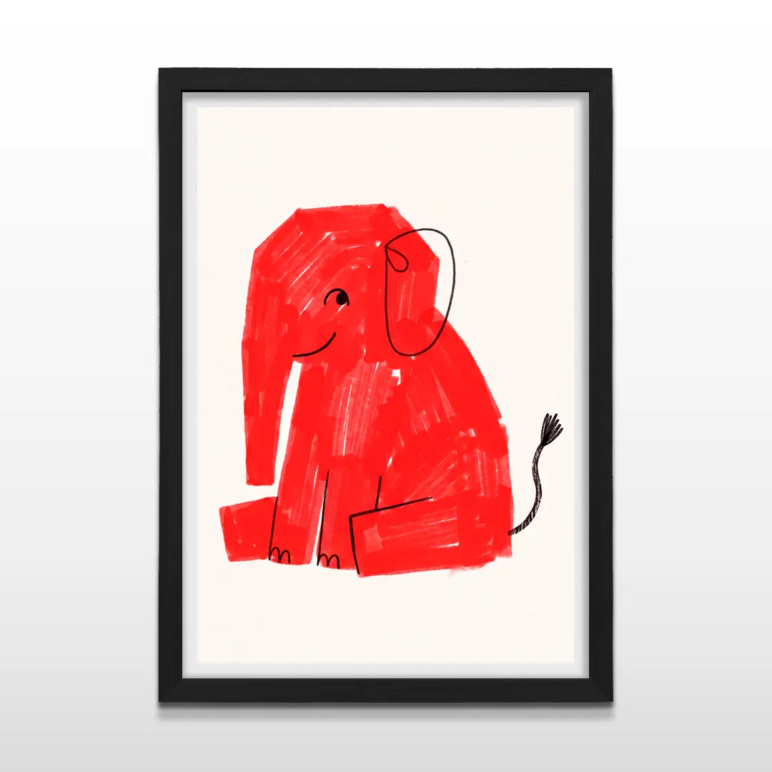 Cuadro vertical en marco negro con lámina artística de elefante rojo sentado en estilo infantil minimalista