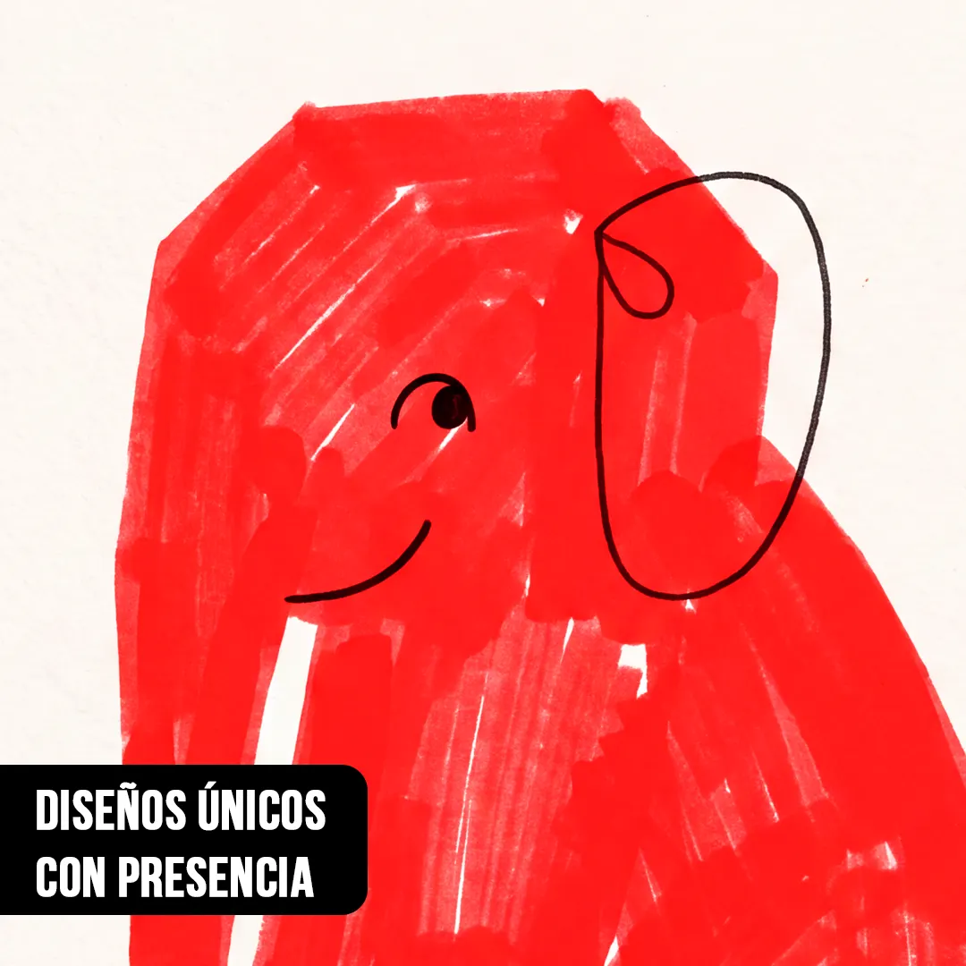 Primer plano de ilustración infantil de un elefante coloreado con marcador rojo y detalles en trazo negro