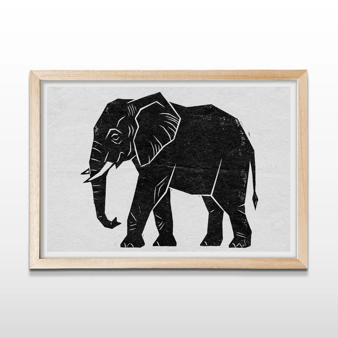 Cuadro horizontal en marco de madera clara con dibujo de elefante estilo grabado sobre fondo blanco
