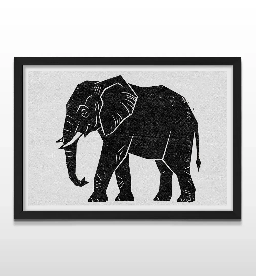 Cuadro horizontal en marco negro con lámina artesanal de la silueta de un elefante en xilografía negra