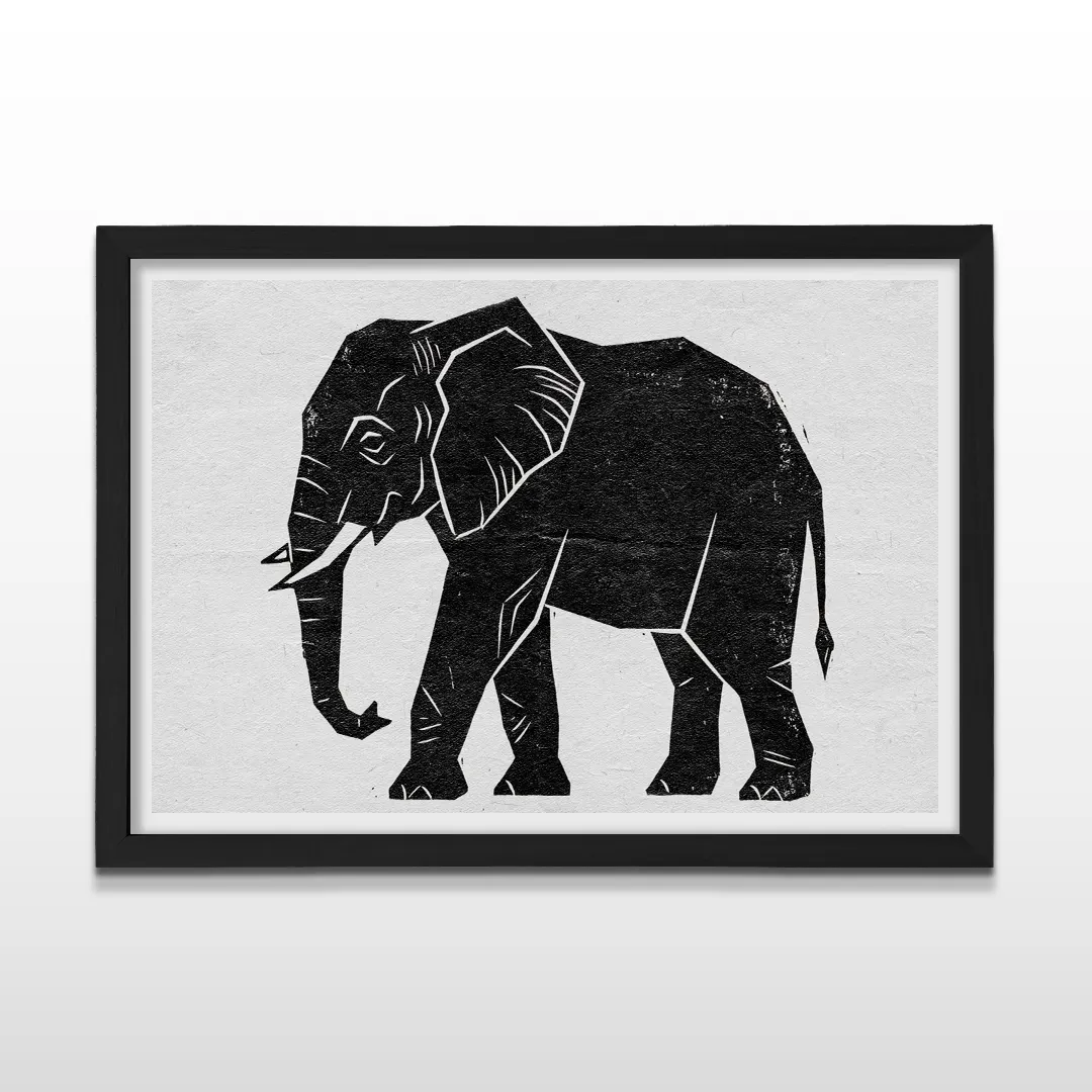 Cuadro horizontal en marco negro con lámina artesanal de la silueta de un elefante en xilografía negra