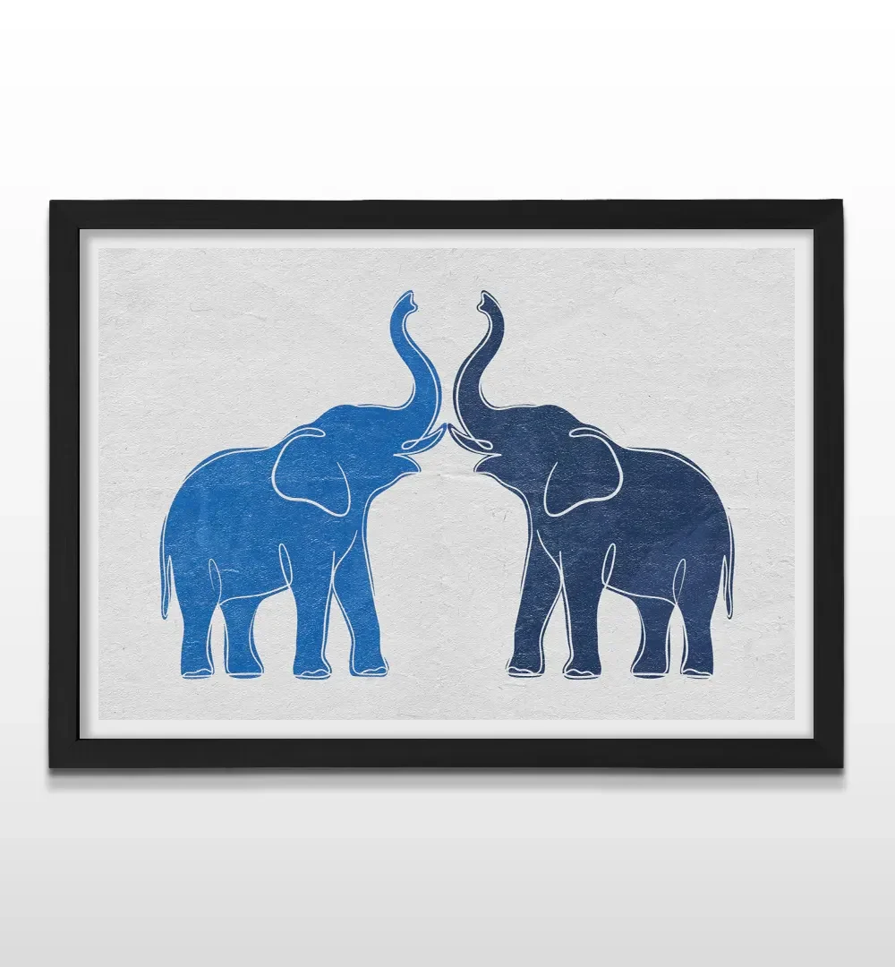 Cuadro horizontal en marco negro con diseño artístico de dos elefantes en tonos azules sobre fondo claro