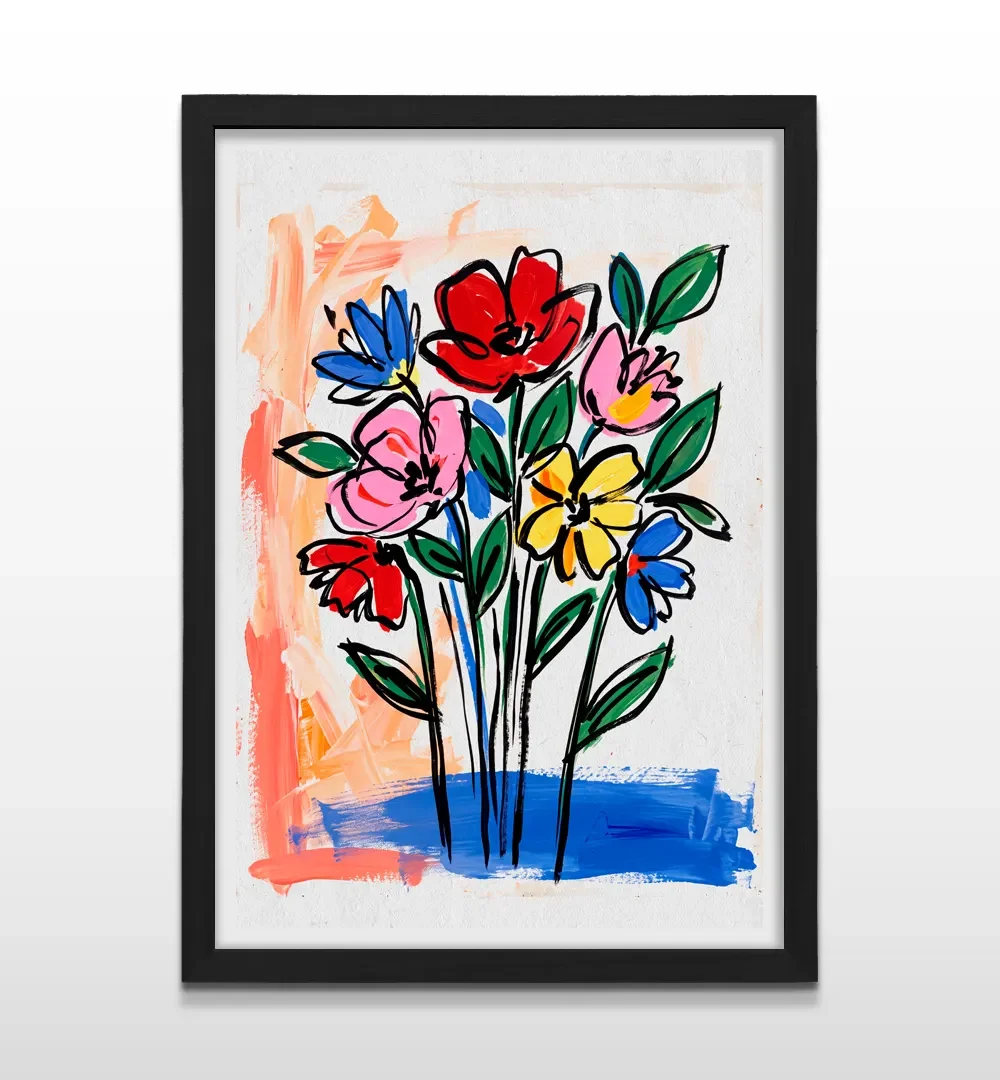 Cuadro vertical en marco negro con lámina artística de ramo de flores coloridas en estilo gestual sobre lienzo