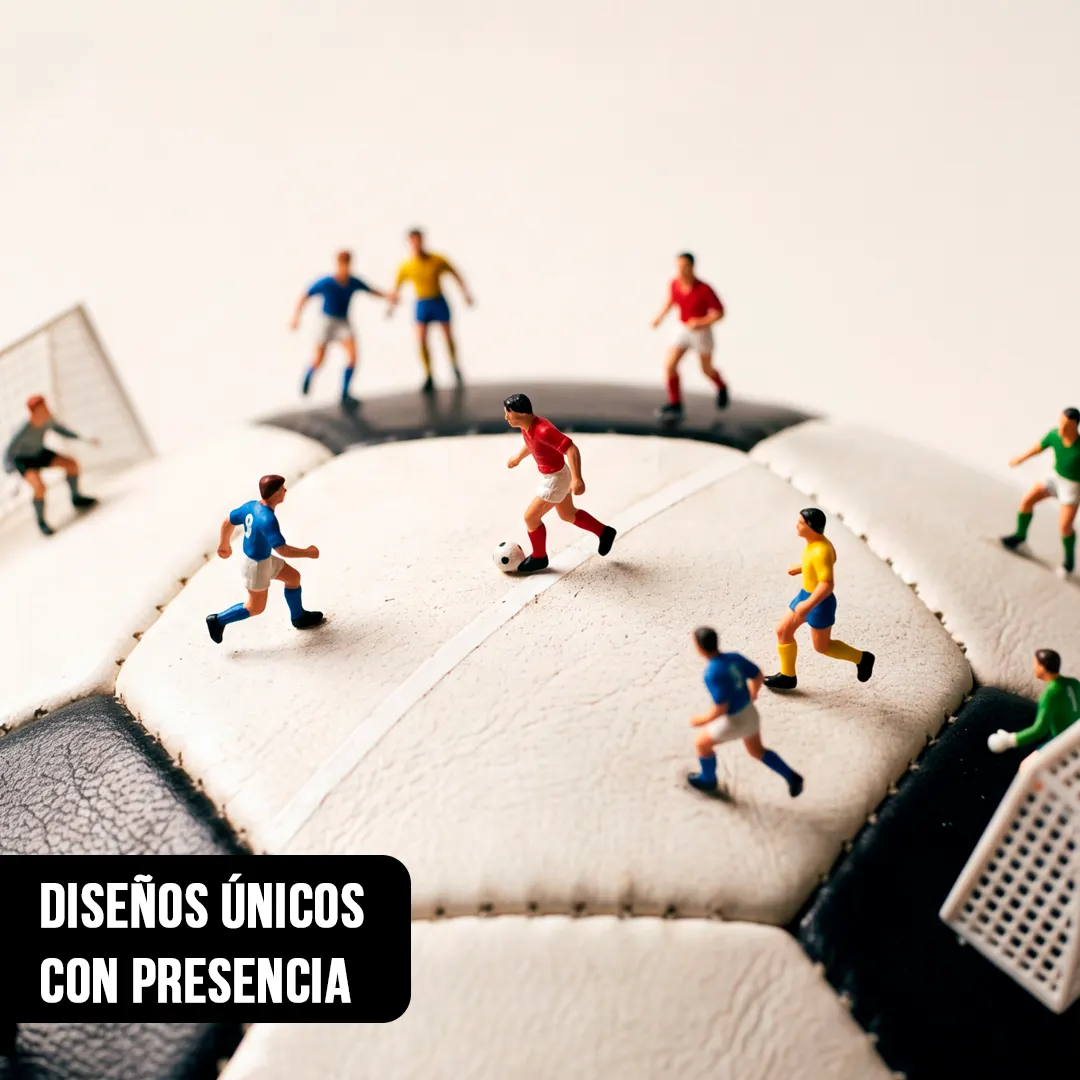Macrofotografía de figuras en miniatura jugando un partido de fútbol con arcos sobre una pelota clásica