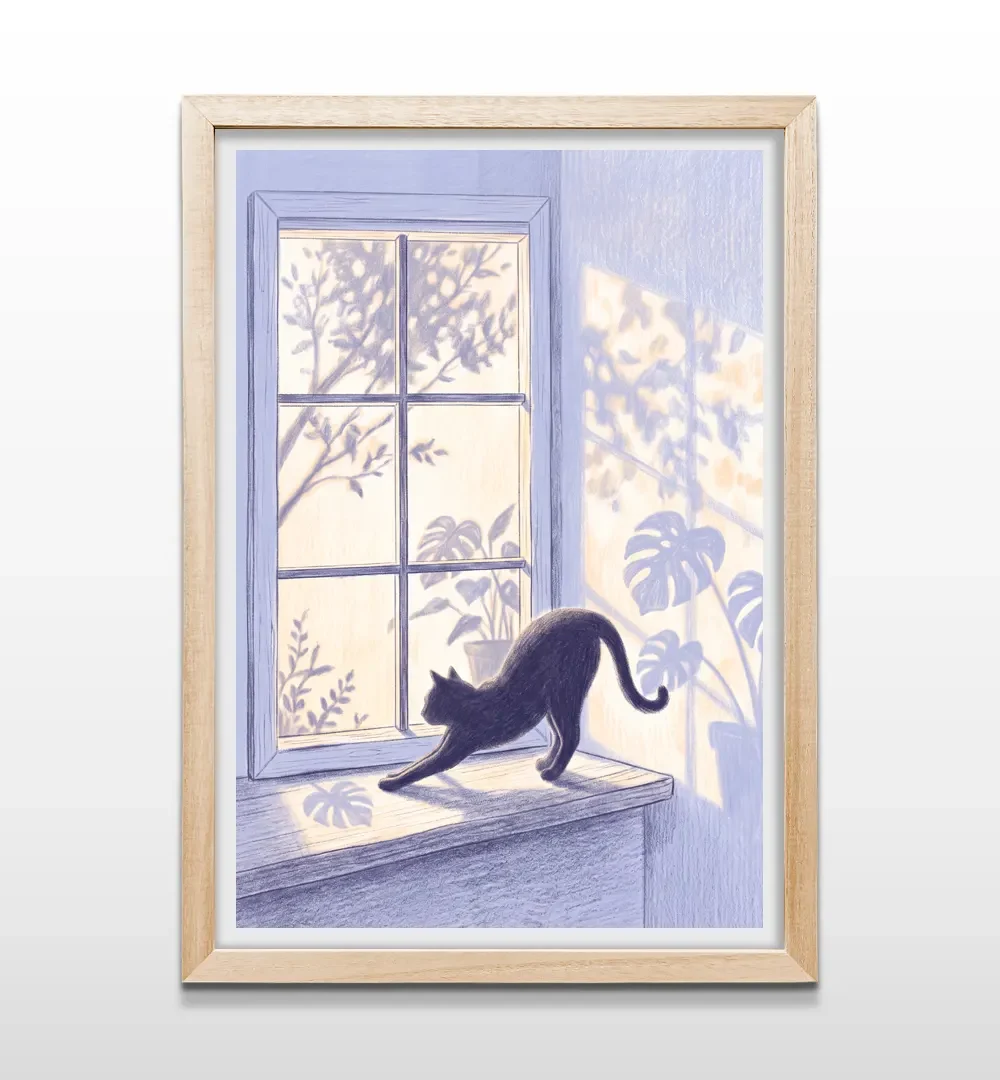 Cuadro vertical en marco de madera clara con ilustración de gato negro junto a ventana con sombras de plantas