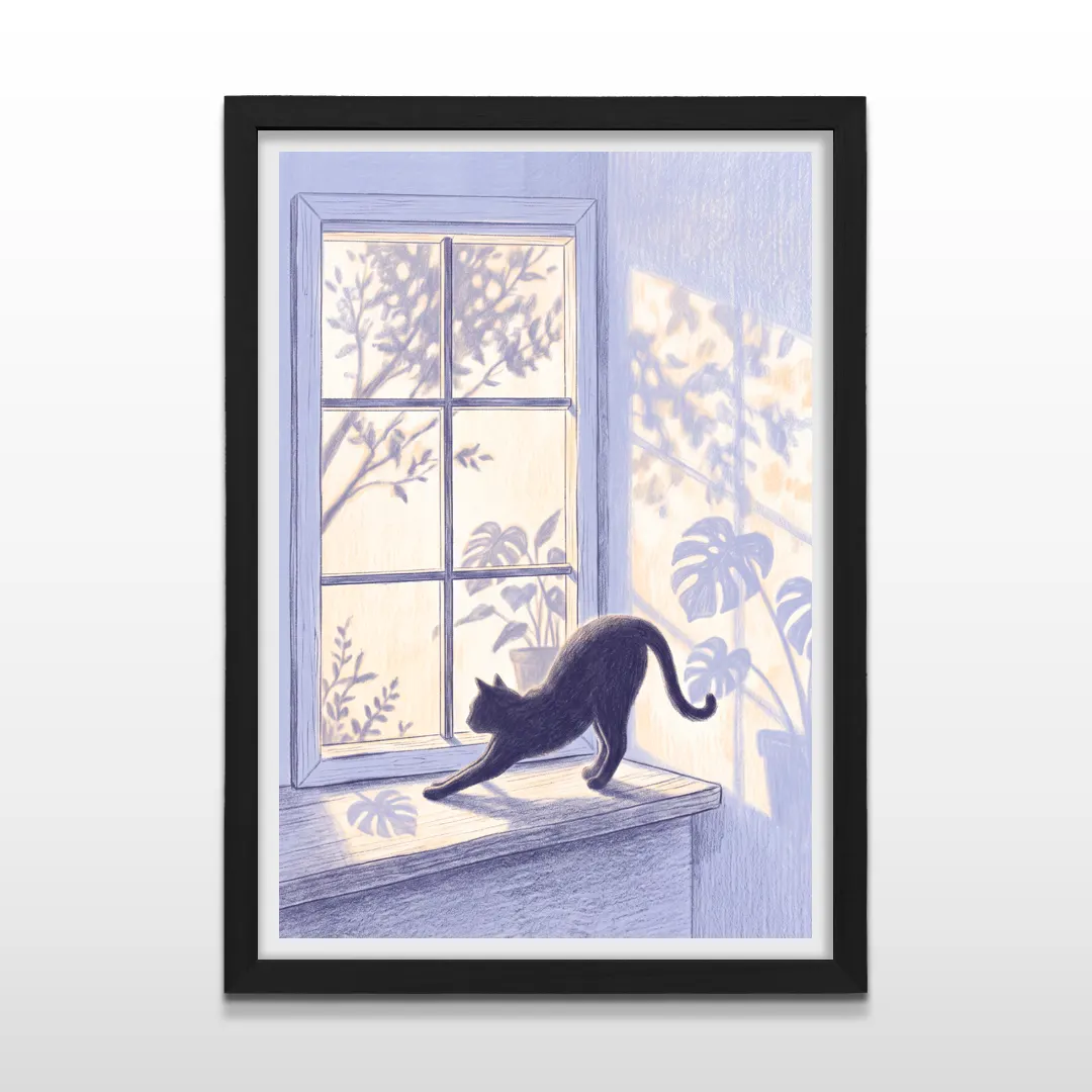 Cuadro vertical en marco negro con ilustración a lápiz de gato negro estirándose junto a una ventana iluminada