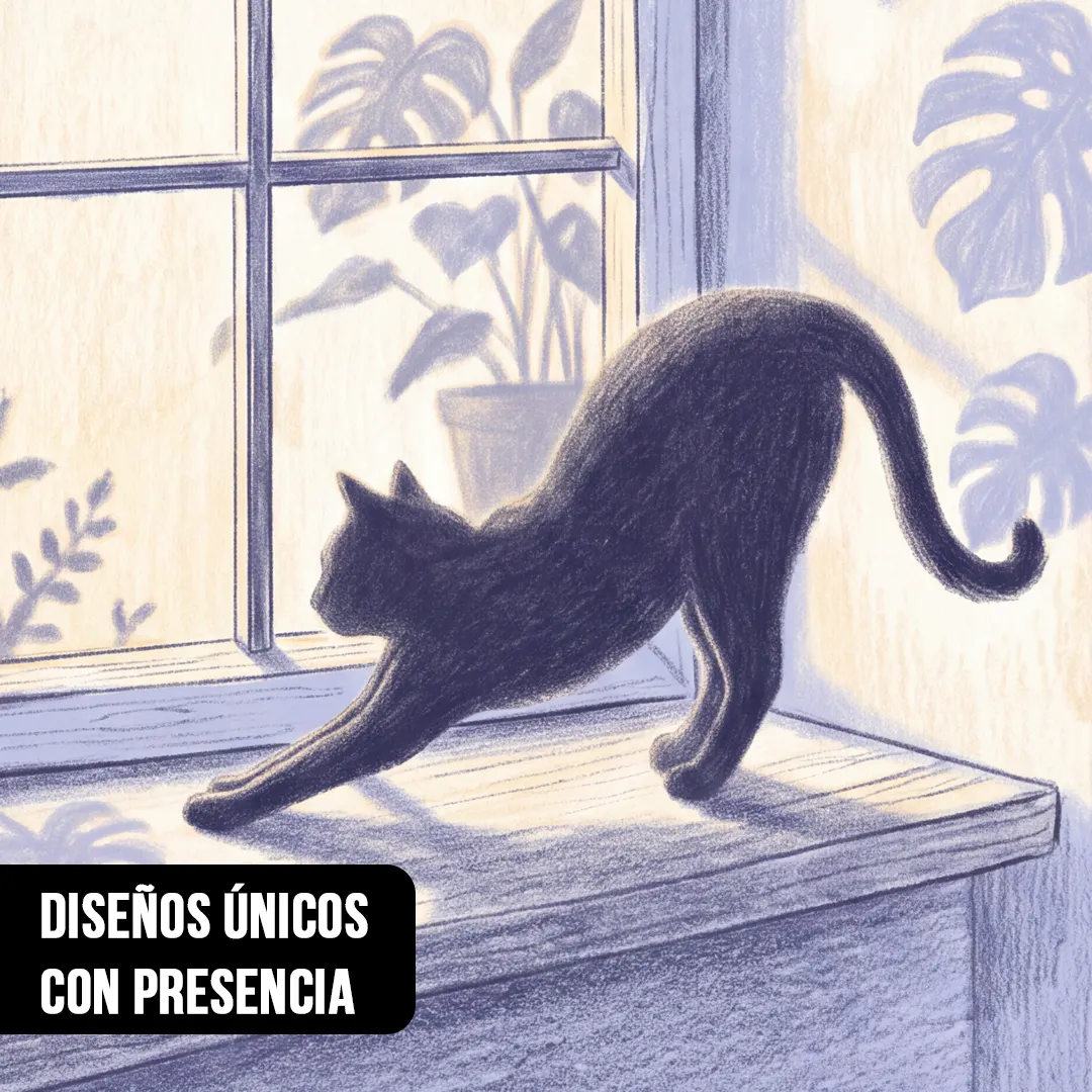 Primer plano de ilustración a lápiz con silueta de gato negro estirándose sobre repisa de ventana al sol