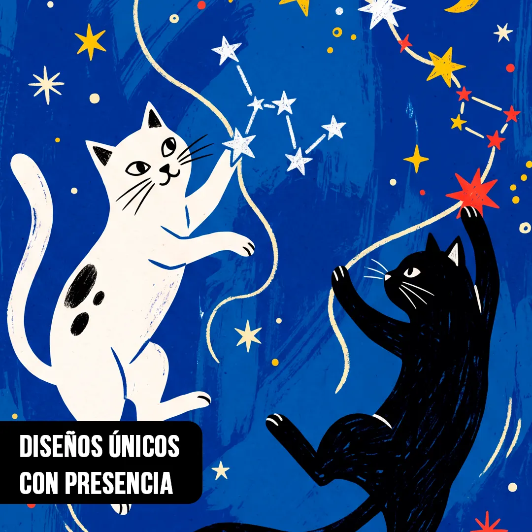 Primer plano de una ilustración de estilo minimalista que muestra a dos gatos, uno blanco con manchas y otro negro, jugando con estrellas y constelaciones sobre un fondo azul intenso