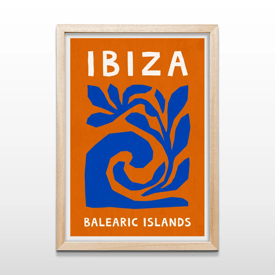 Cuadro vertical en marco de madera clara con ilustración mediterránea de Ibiza Balearic Islands en tonos naranja y azul