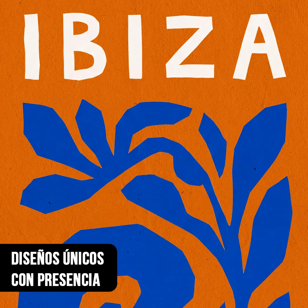 Primer plano de lámina artística estilo Matisse con la palabra IBIZA en blanco sobre fondo naranja y formas de hojas azules