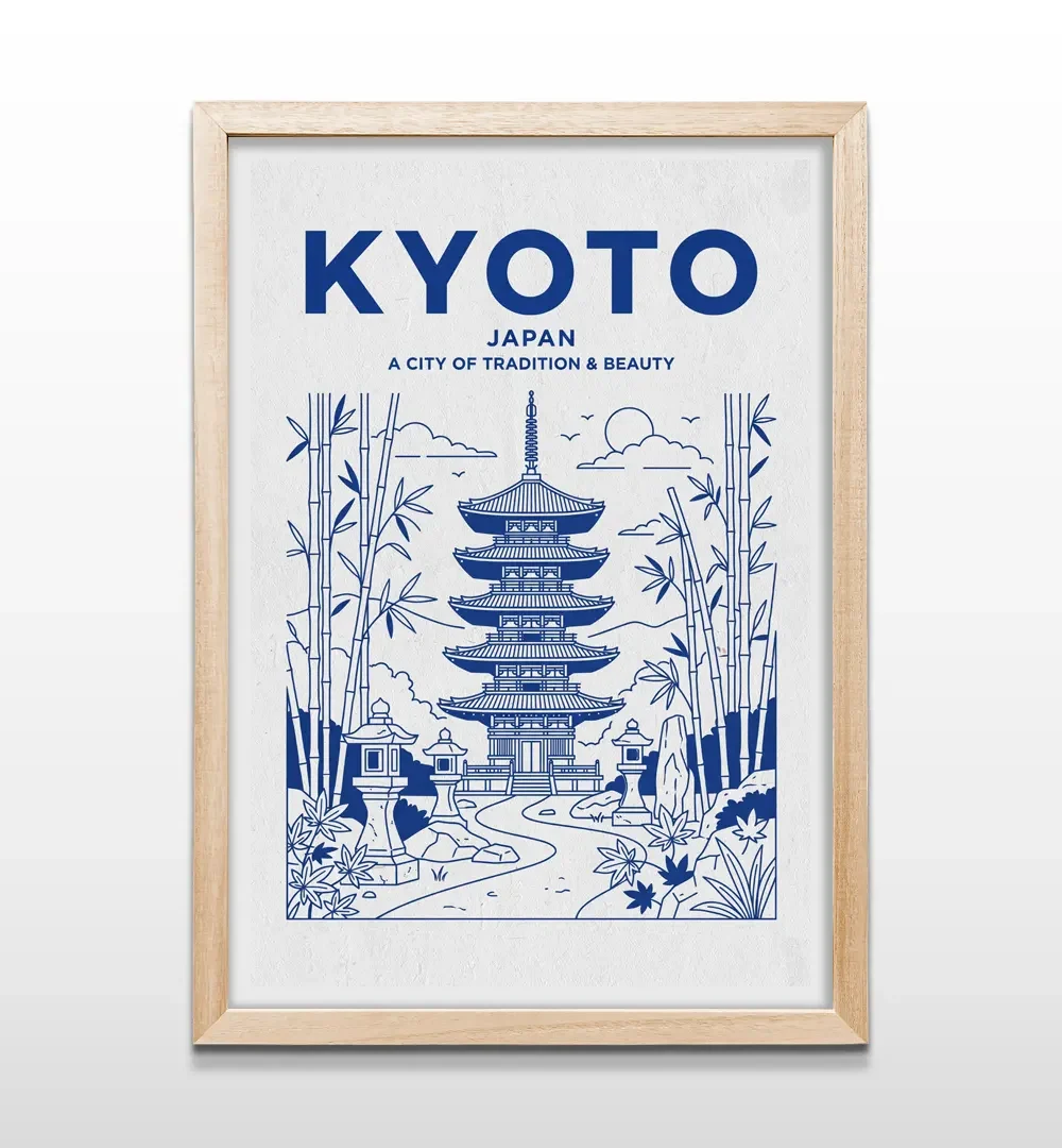 Cuadro vertical en marco de madera clara con poster ilustrado de Kyoto Japón con pagoda tradicional y linternas de piedra