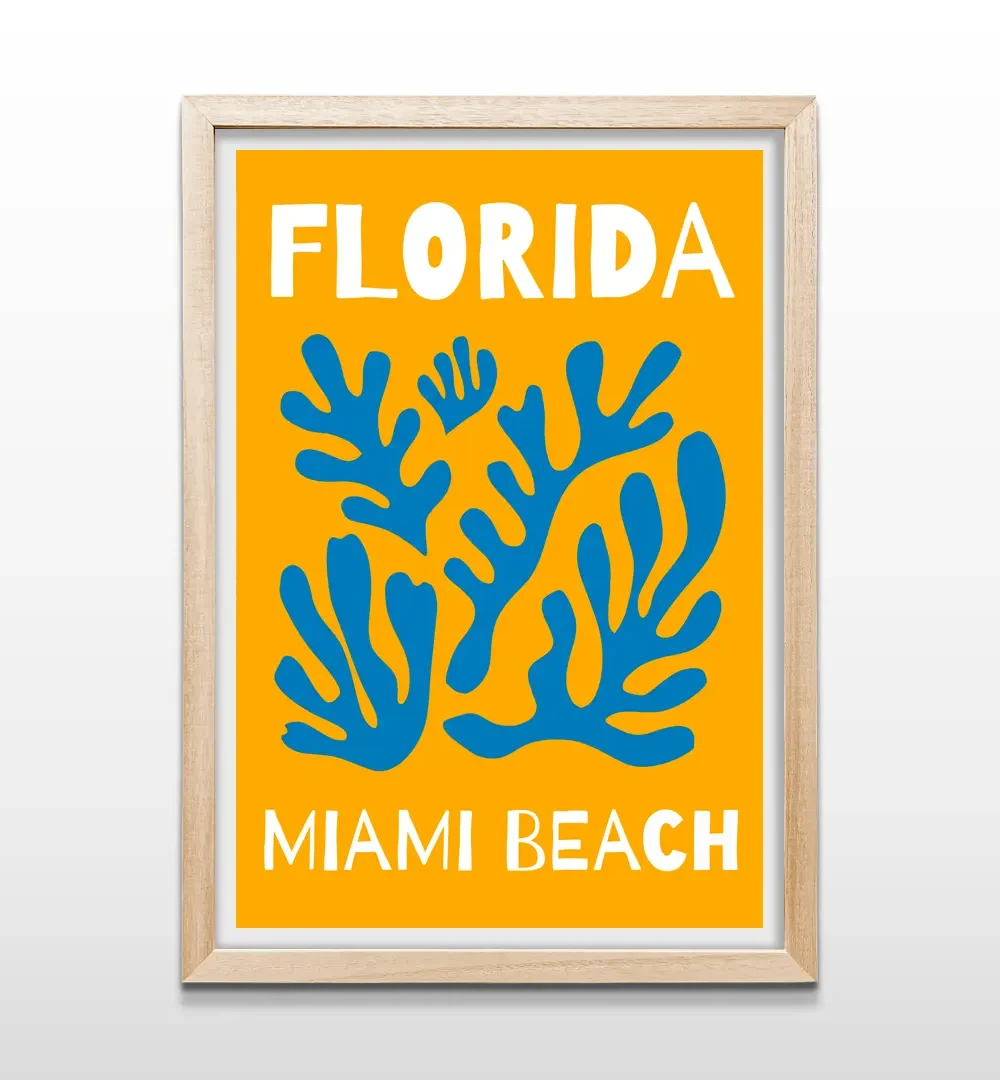 Cuadro vertical en marco de madera clara con lámina artística de Florida Miami Beach de estilo gráfico pop art
