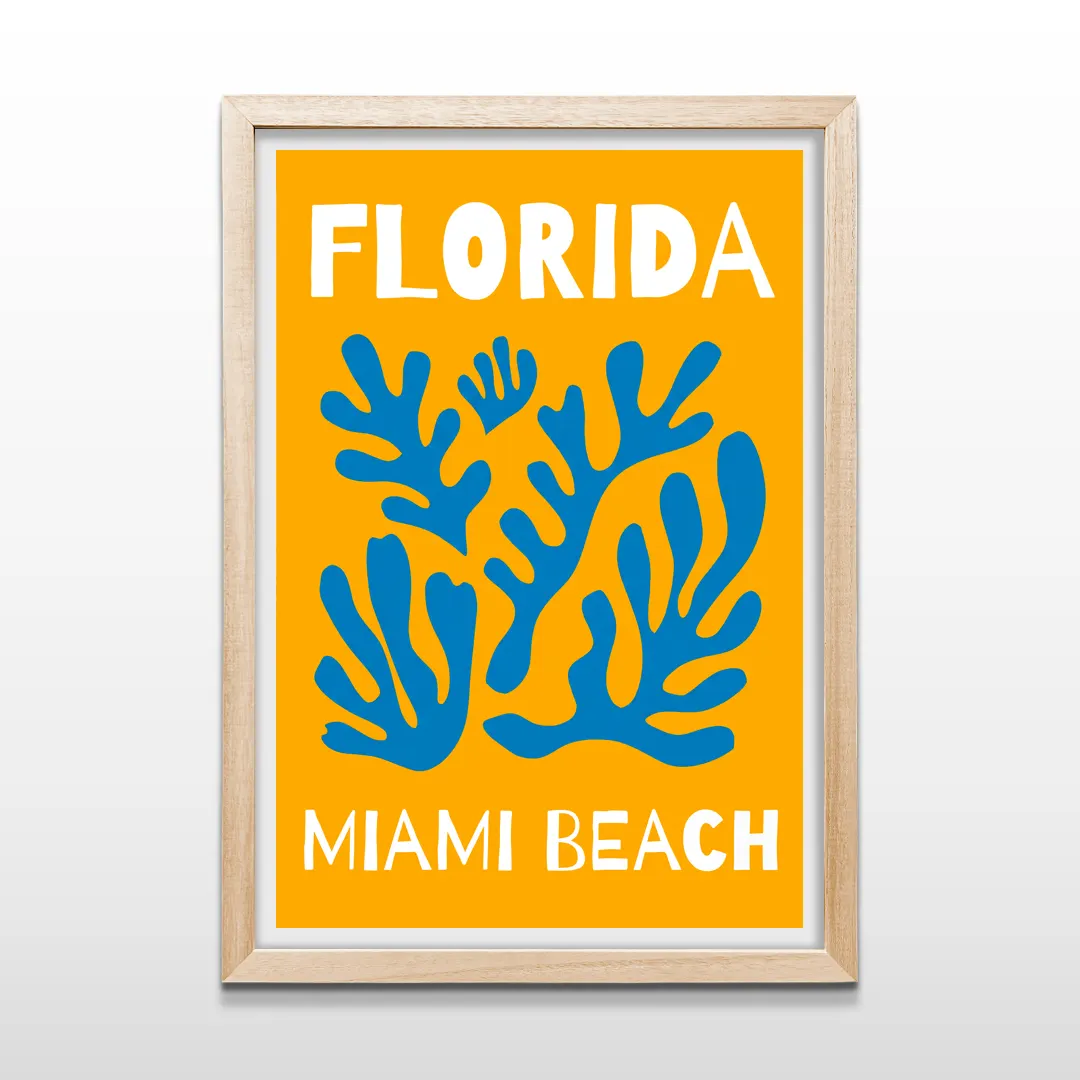 Cuadro vertical en marco de madera clara con lámina artística de Florida Miami Beach de estilo gráfico pop art