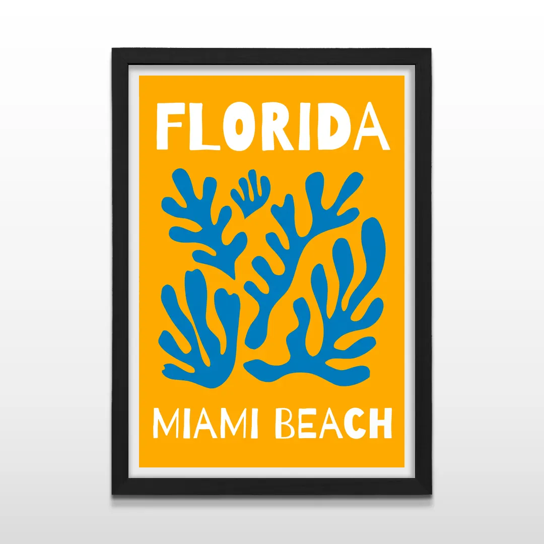 Cuadro vertical en marco negro con poster de diseño Florida Miami Beach con corales abstractos en azul y fondo amarillo