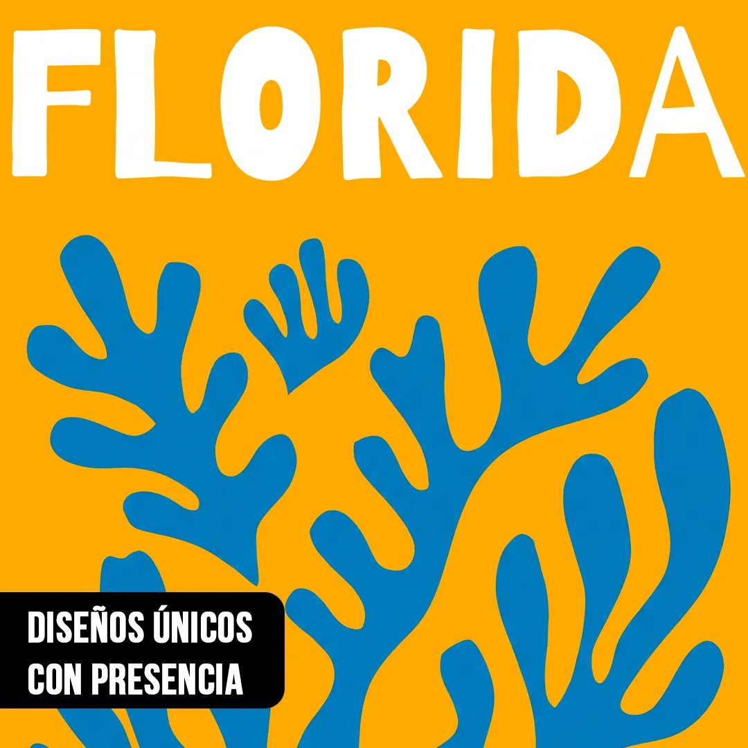 Primer plano del texto FLORIDA en blanco sobre fondo amarillo con siluetas orgánicas de corales azules estilo Matisse