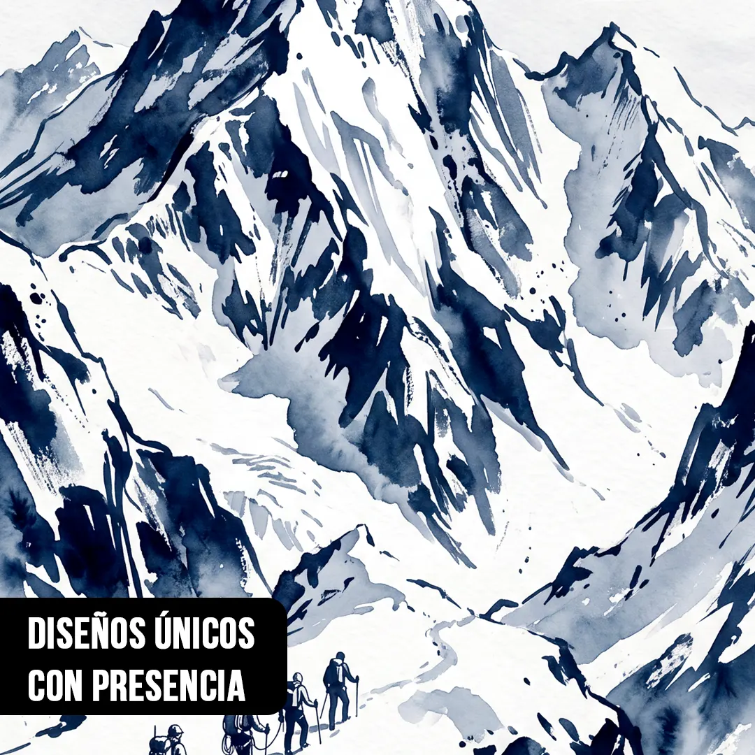Primer plano de pintura en acuarela en tonos azul marino de imponentes picos nevados con siluetas de montañistas ascendiendo