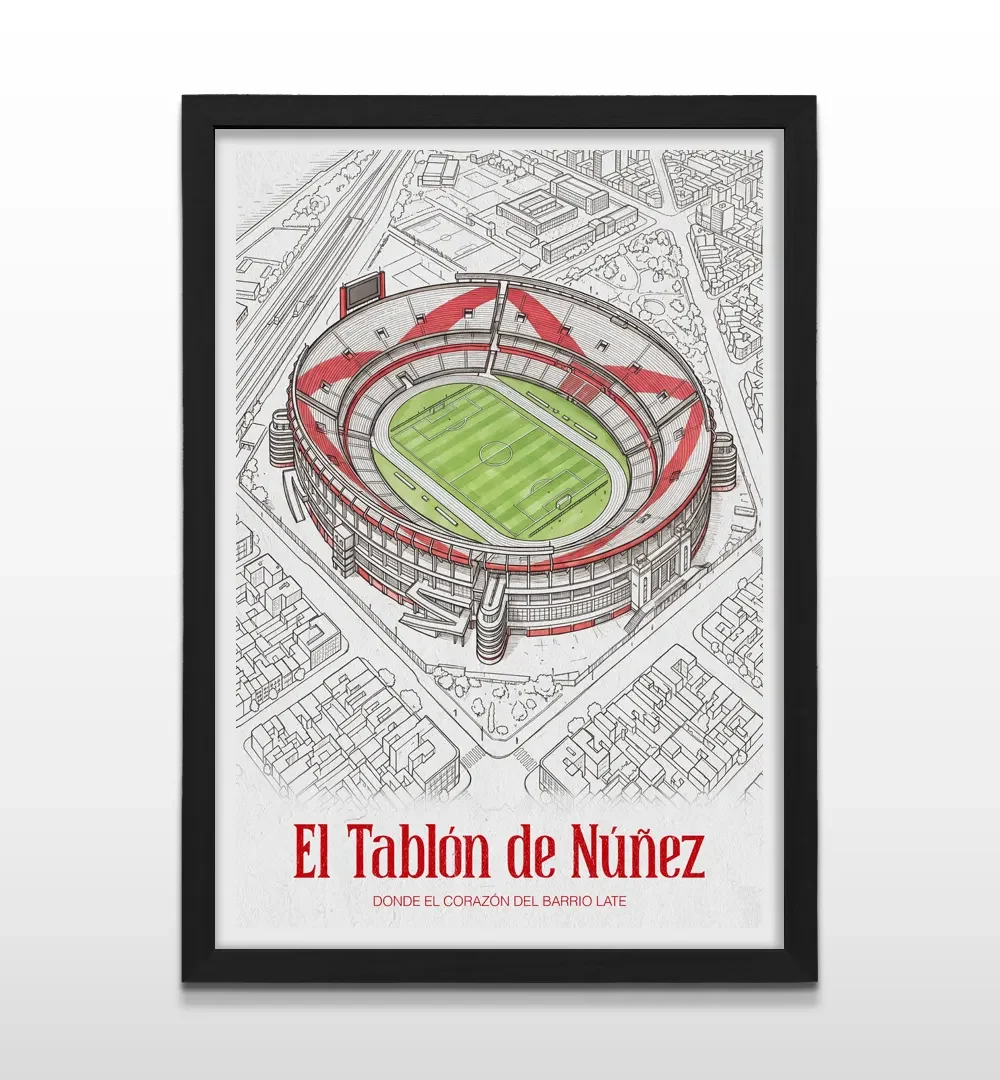 Cuadro vertical en marco negro con ilustración arquitectónica del estadio de fútbol Monumental de Núñez