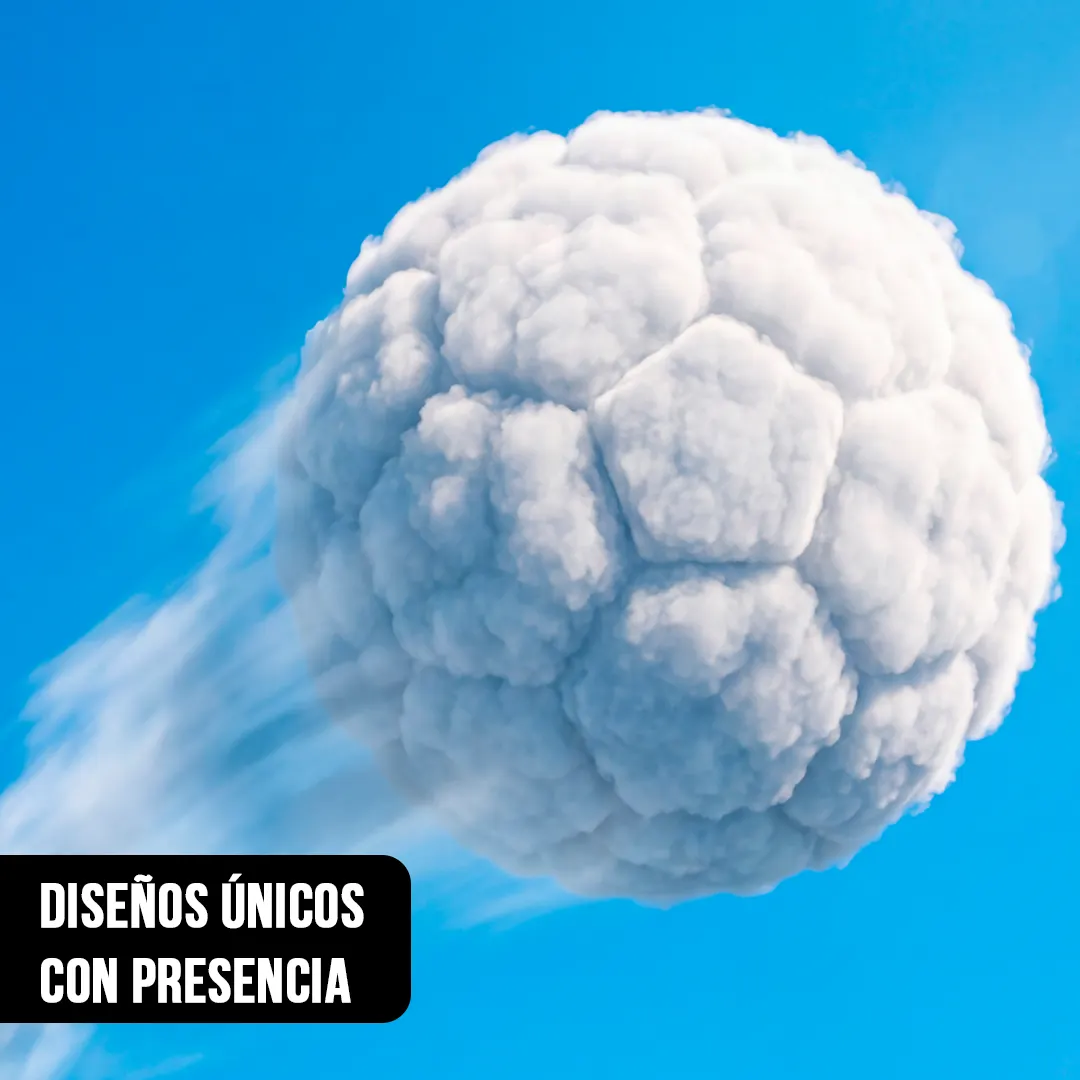 Primer plano de montaje surrealista de una nube blanca con forma de pelota de fútbol cruzando un cielo azul