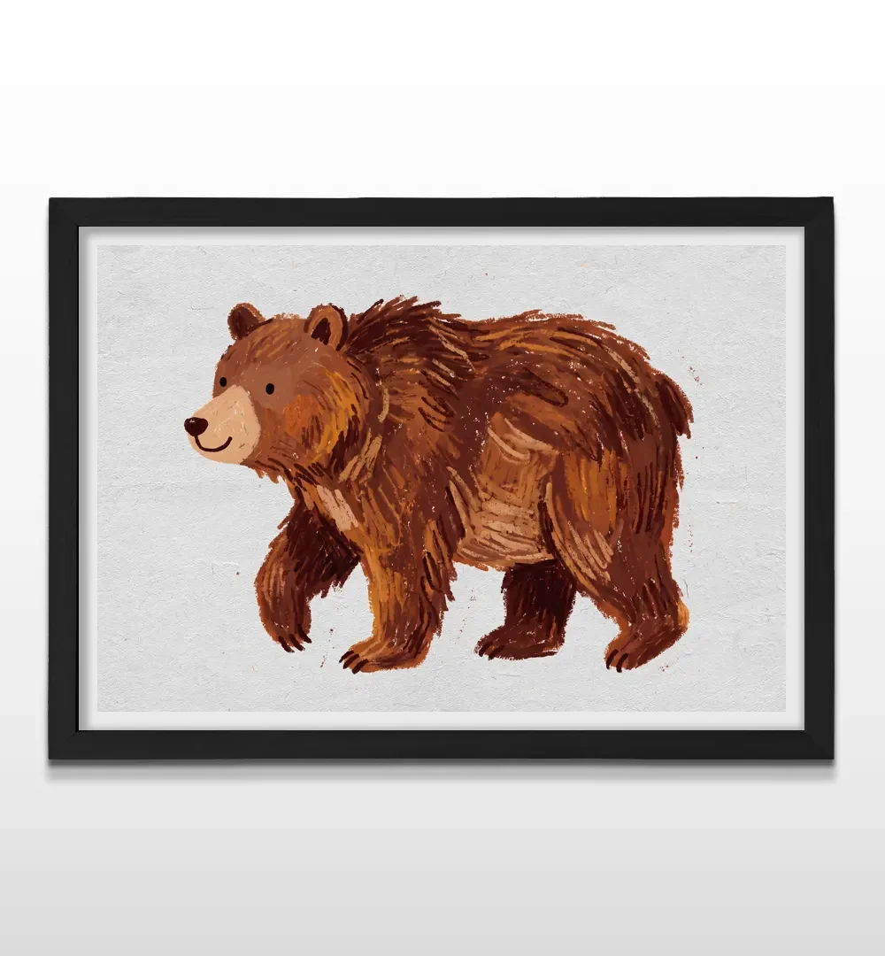 Cuadro horizontal en marco negro con lámina infantil de un oso pardo de perfil con diseño texturizado