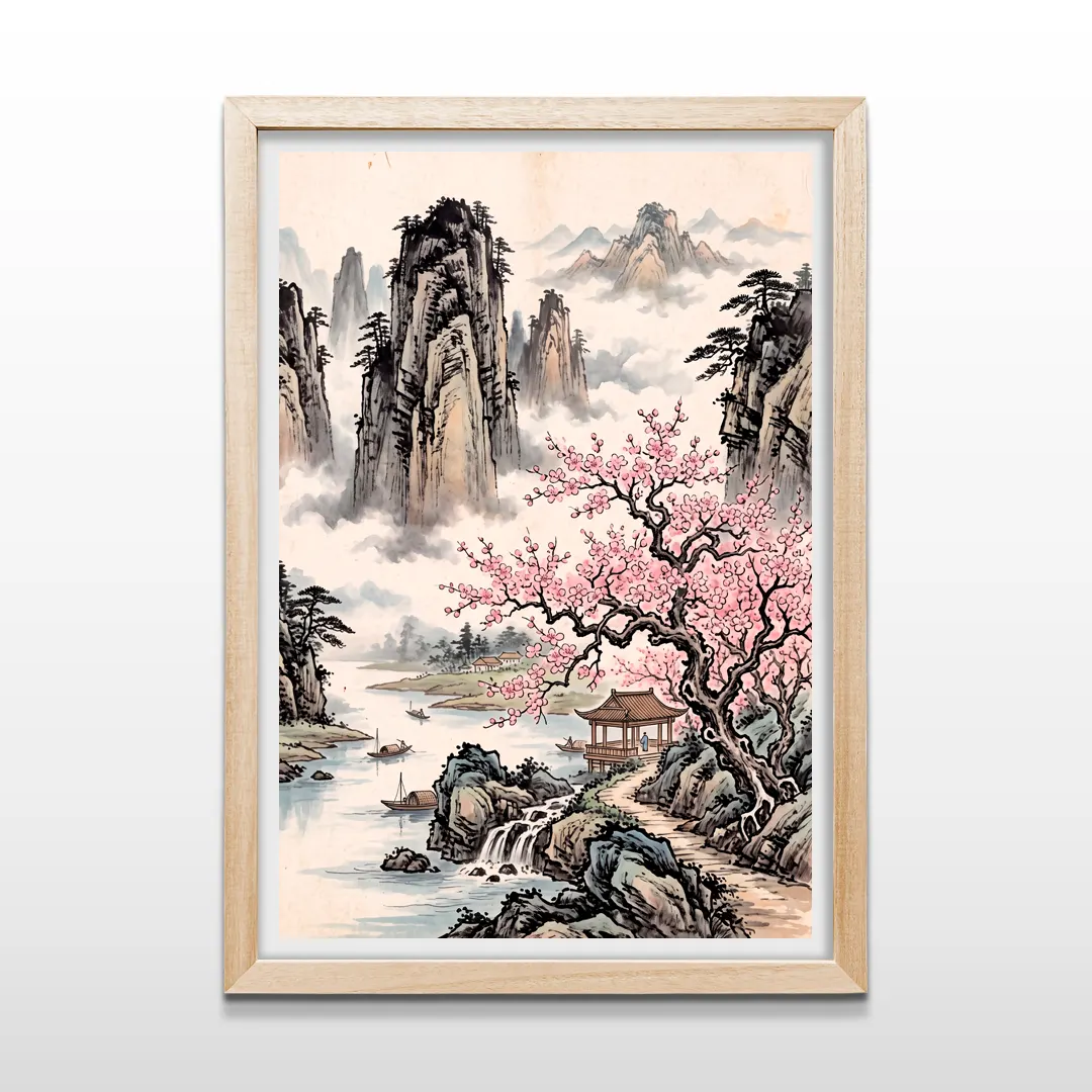Cuadro vertical en marco de madera clara con diseño clásico de paisaje oriental con sakura en flor, río y pagoda